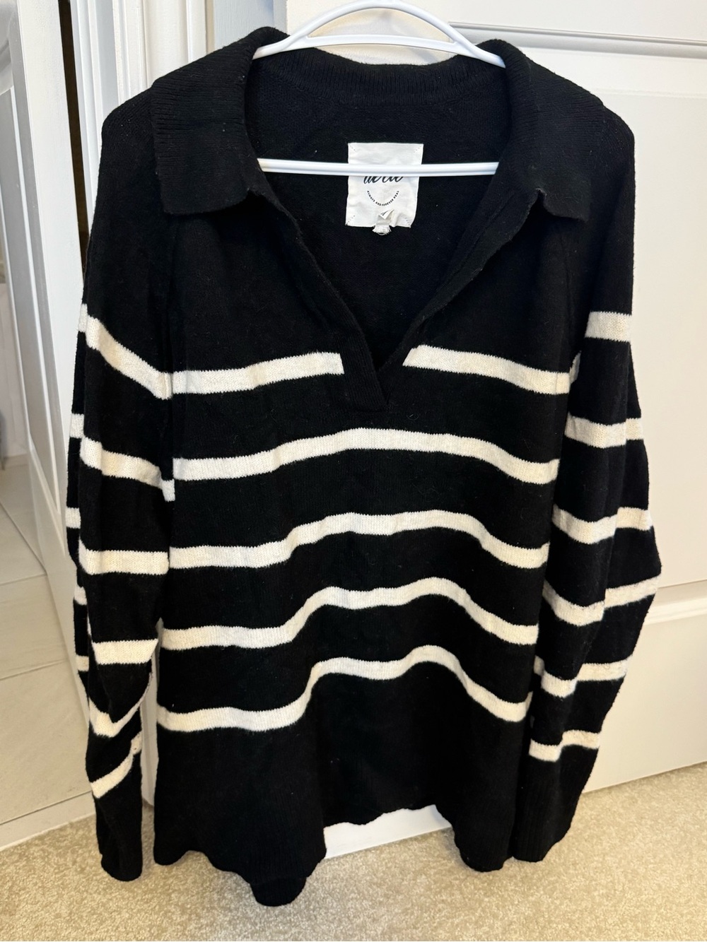 aerie Black and White Striped V‑Neck Collared Sweater